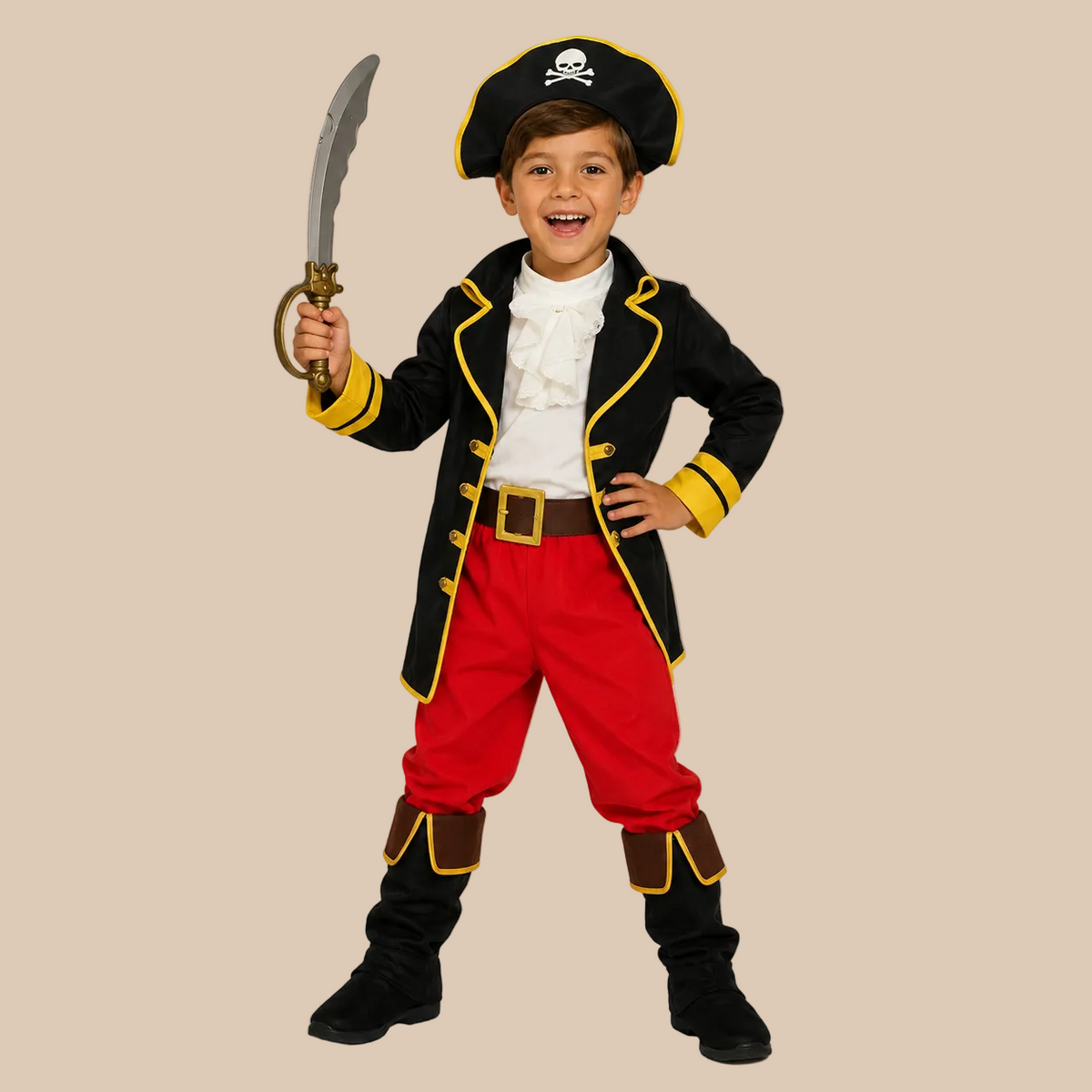 Child’s pirate costume with black jacket and red trousers, front view