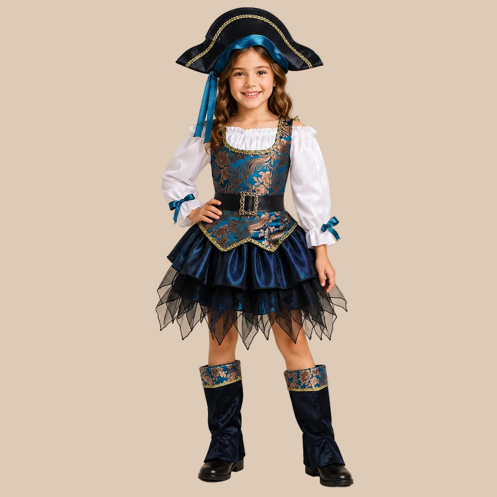 Girl’s blue pirate dress with gold-tone patterned bodice, front view