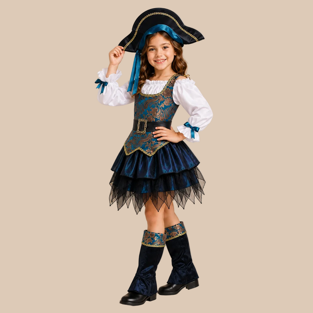 Girl’s blue pirate dress with gold-tone patterned bodice, alternate front view