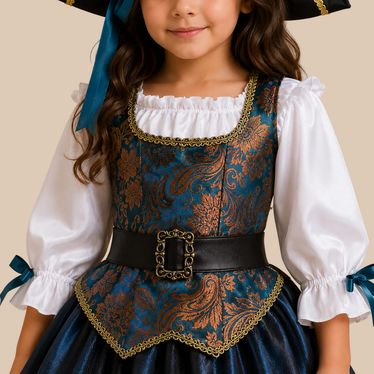 Girl’s blue pirate dress with gold-tone patterned bodice, bodice details