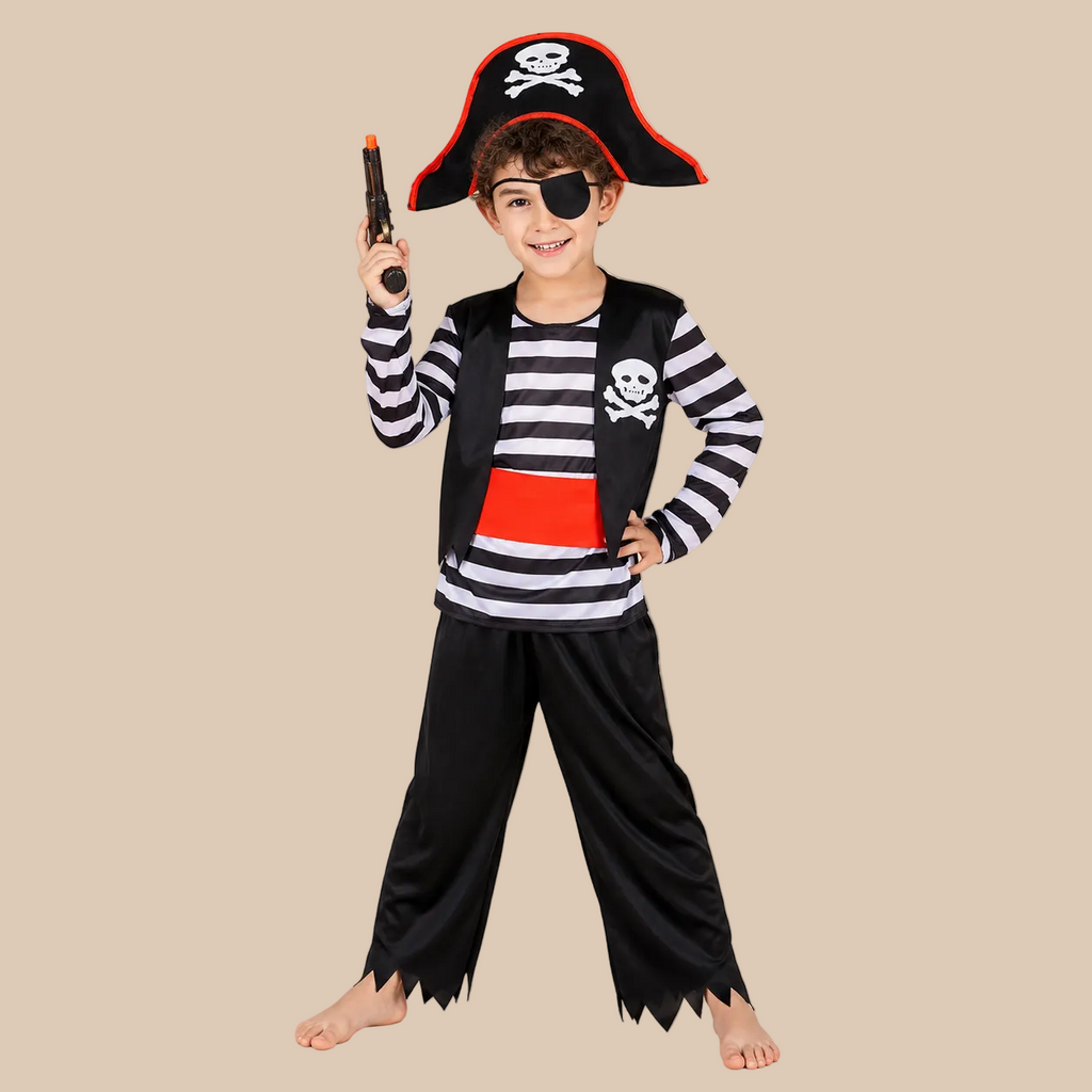 Child’s pirate outfit with a striped shirt and dark trousers, front view
