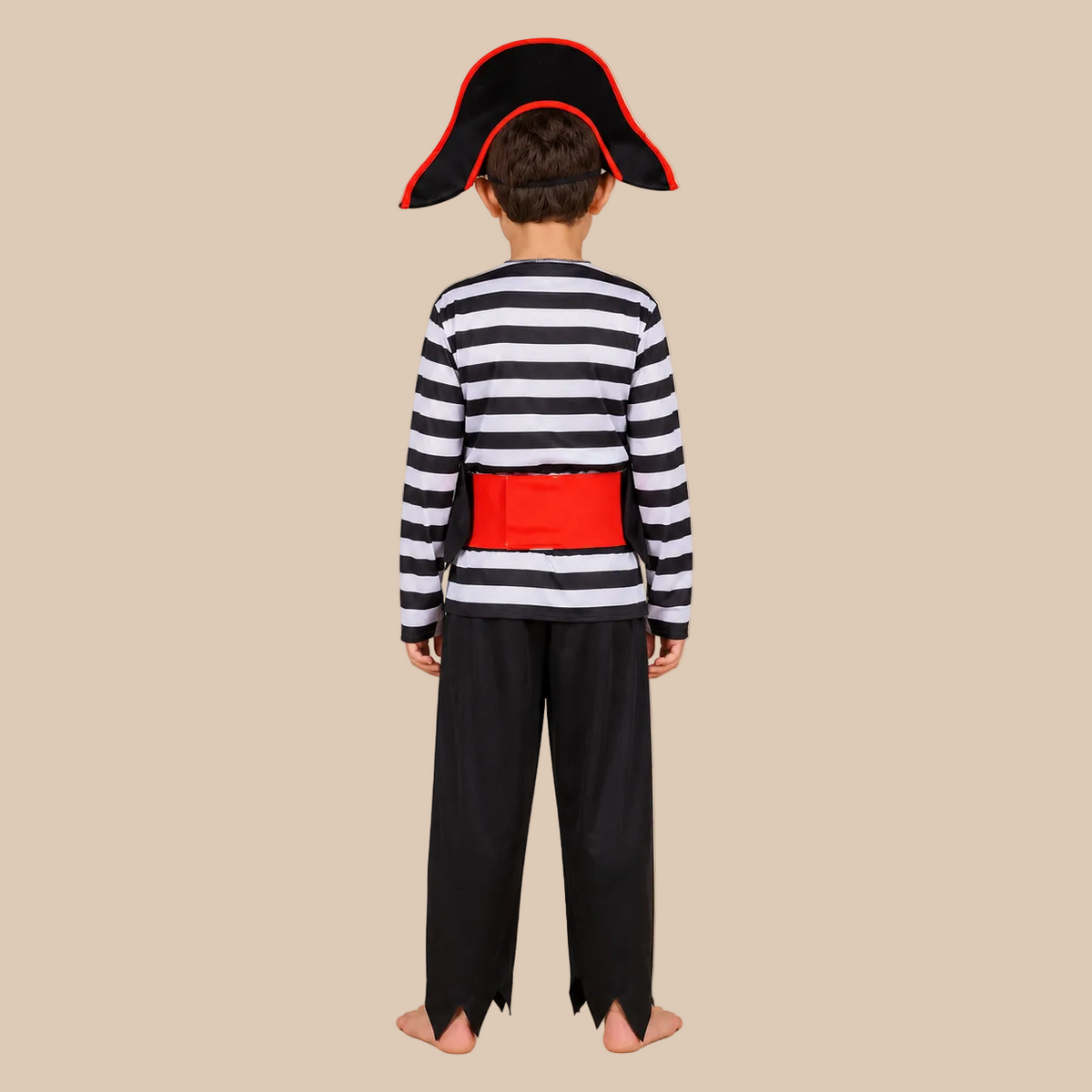 Child’s pirate outfit with a striped shirt and dark trousers, back view
