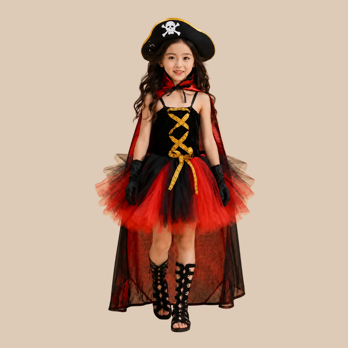 Girl’s red and black pirate dress with a laced bodice, front view