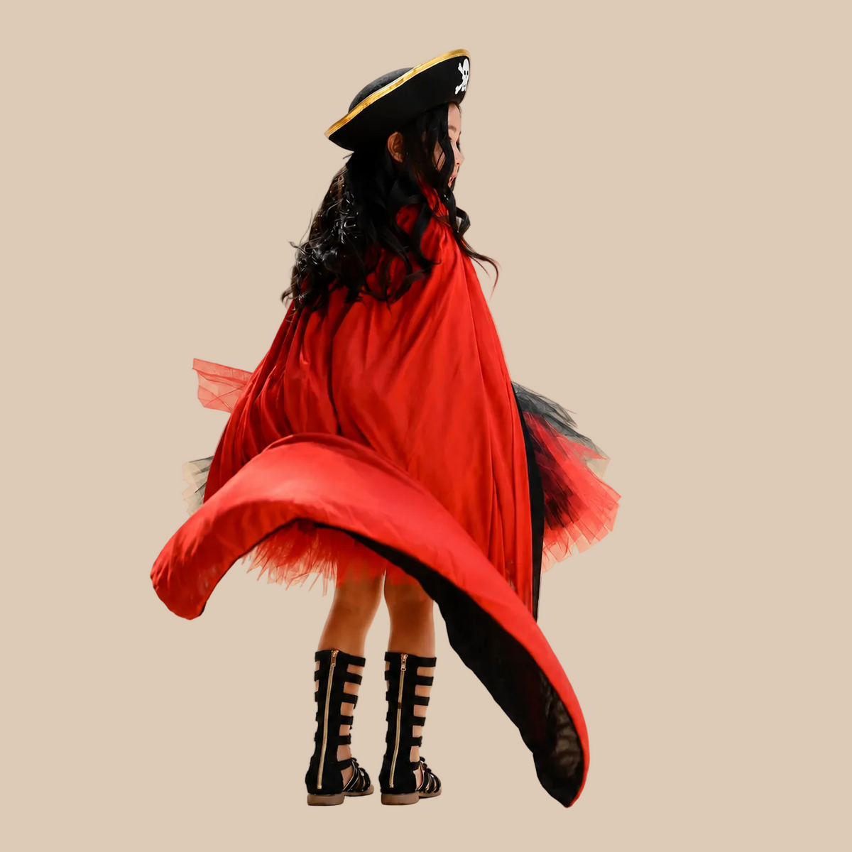 Girl’s red and black pirate dress with a laced bodice, back view