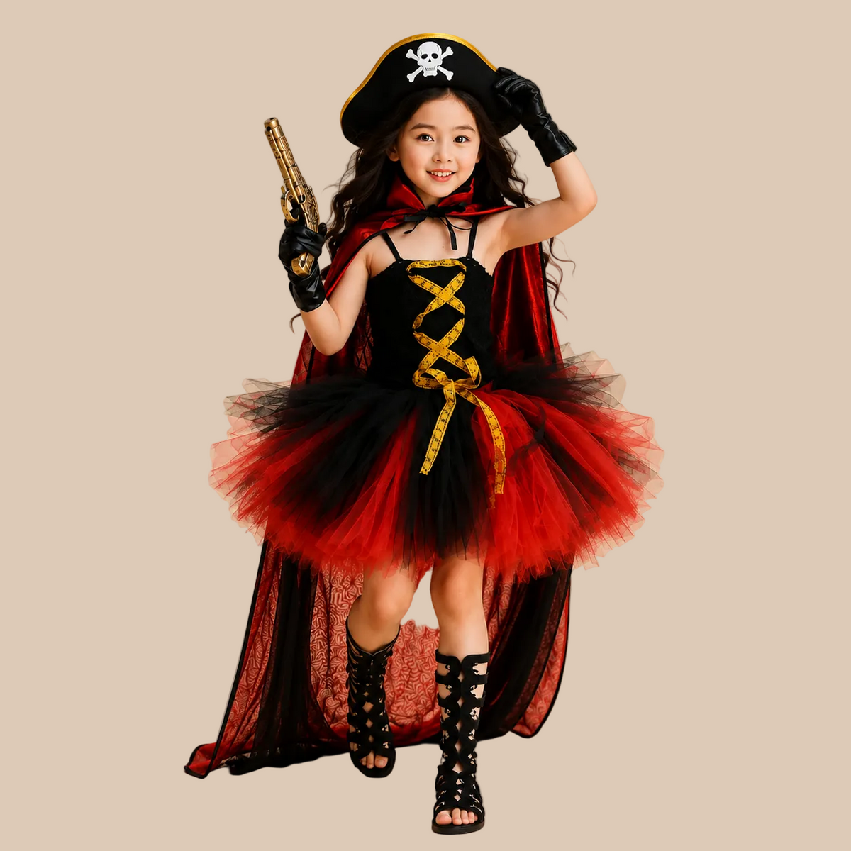 Girl’s red and black pirate dress with a laced bodice, alternate front view