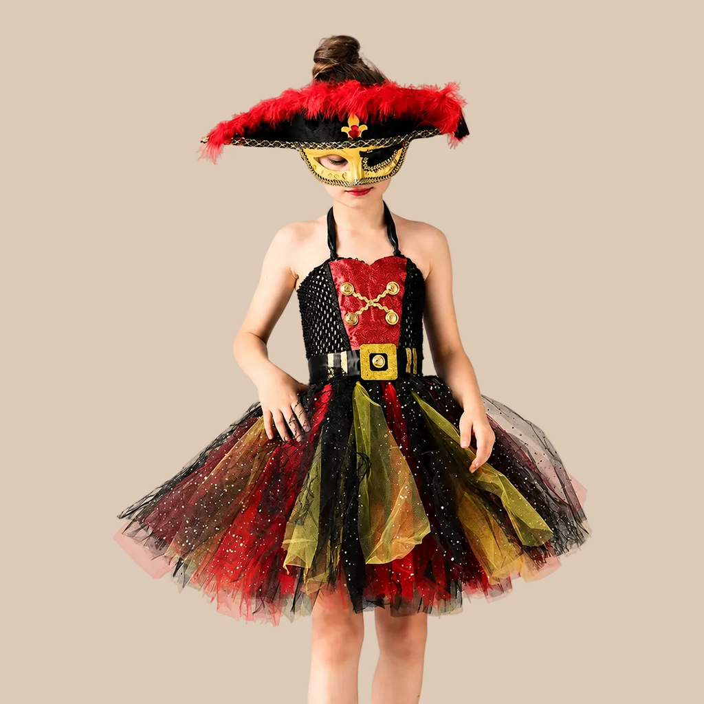 Girl’s pirate dress with a sparkling multicoloured skirt, front view