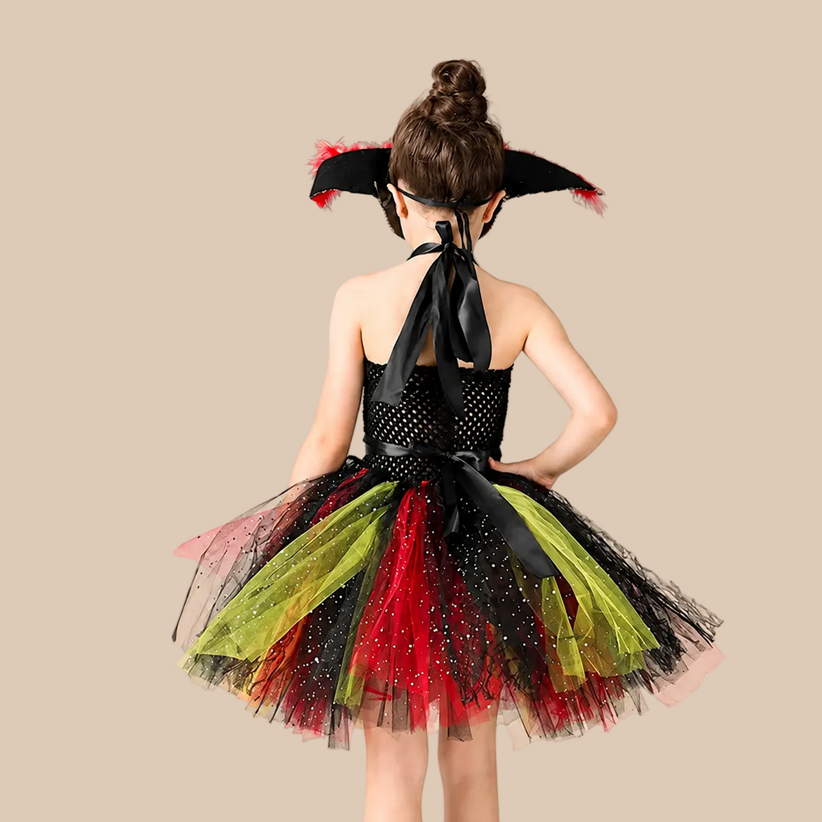 Girl’s pirate dress with a sparkling multicoloured skirt, back view