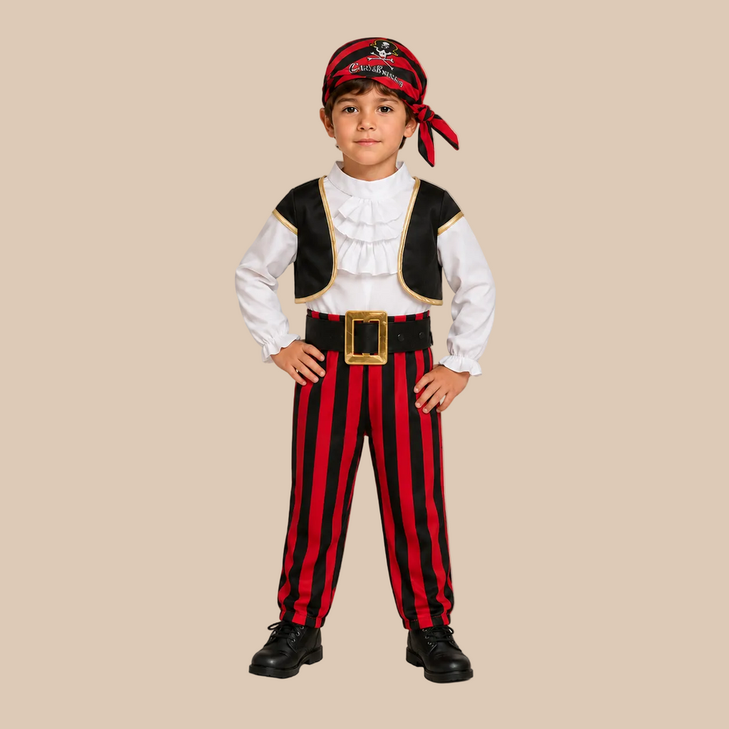Child’s pirate outfit with red striped trousers, front view