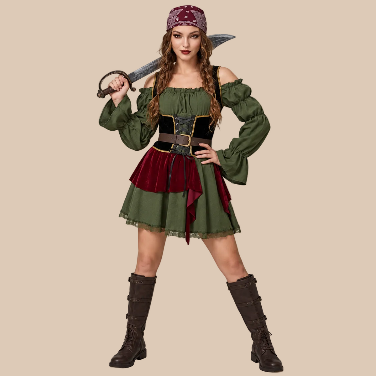 Women’s Olive & Burgundy Pirate Costume