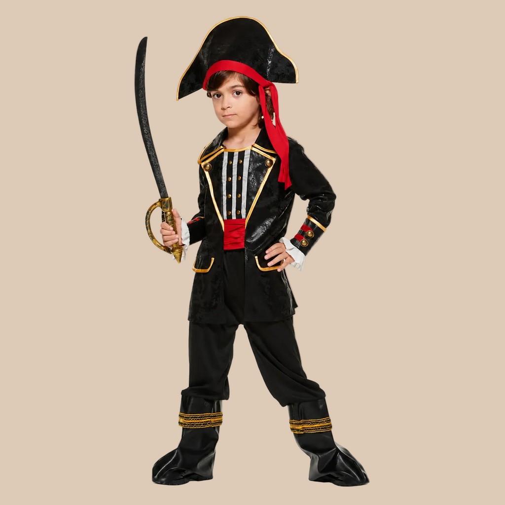 Child’s black pirate costume with gold-tone trim, front view
