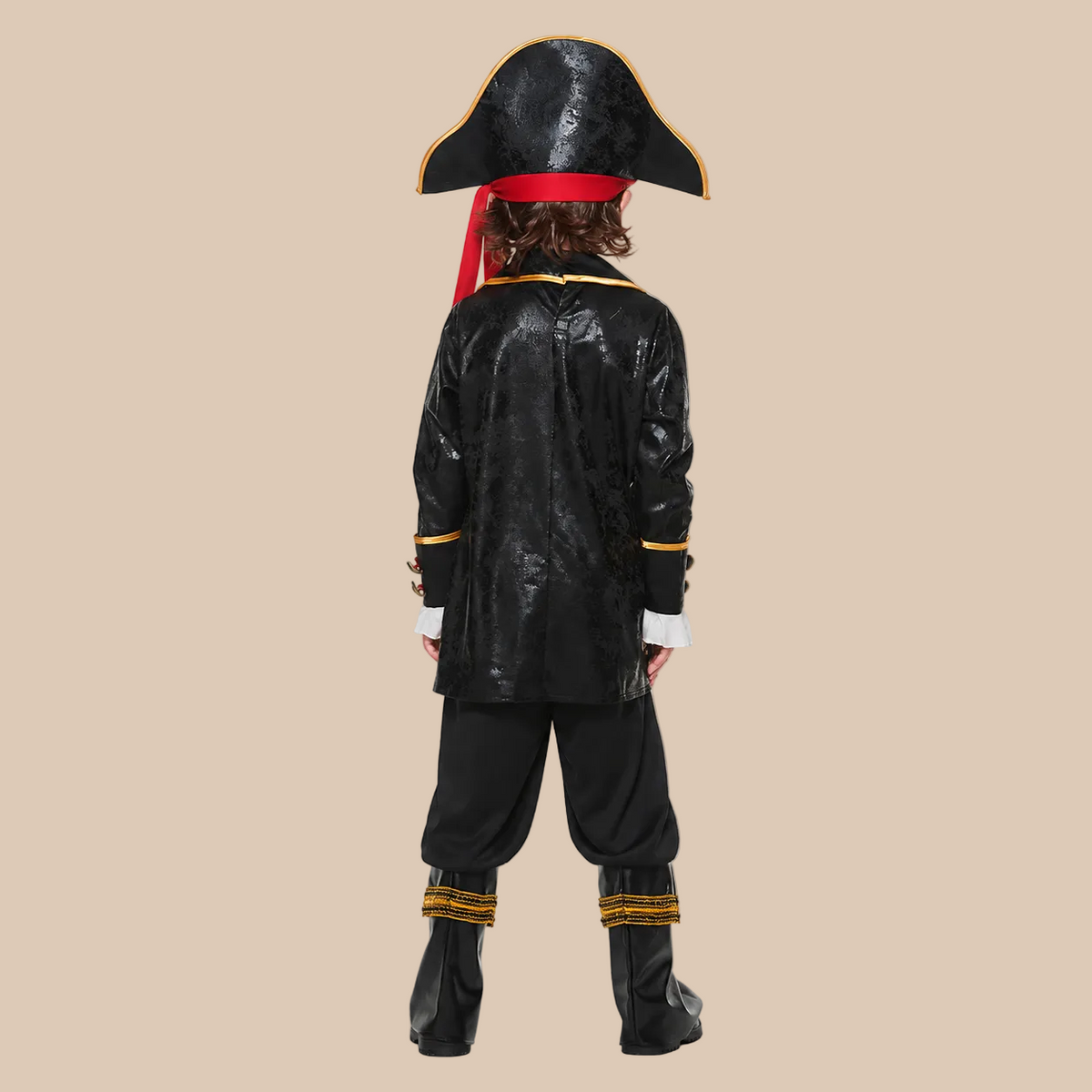 Child’s black pirate costume with gold-tone trim, back view