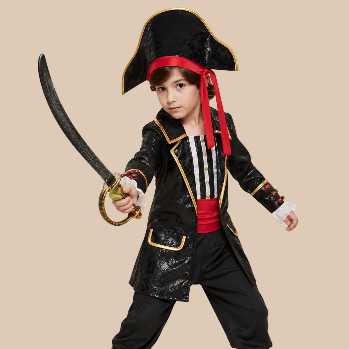 Child’s black pirate costume with gold-tone trim, bodice details