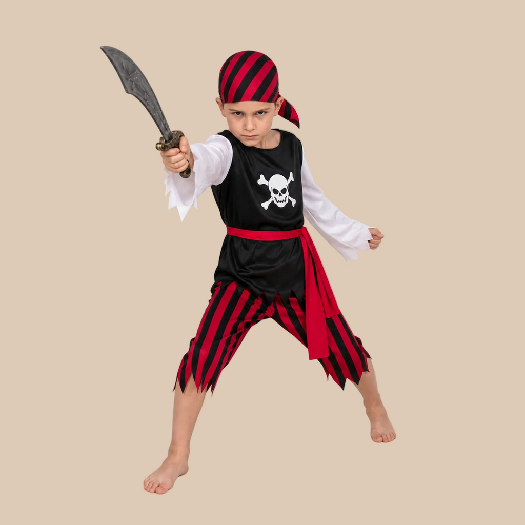 Child’s pirate outfit with skull top and red striped trousers, front view