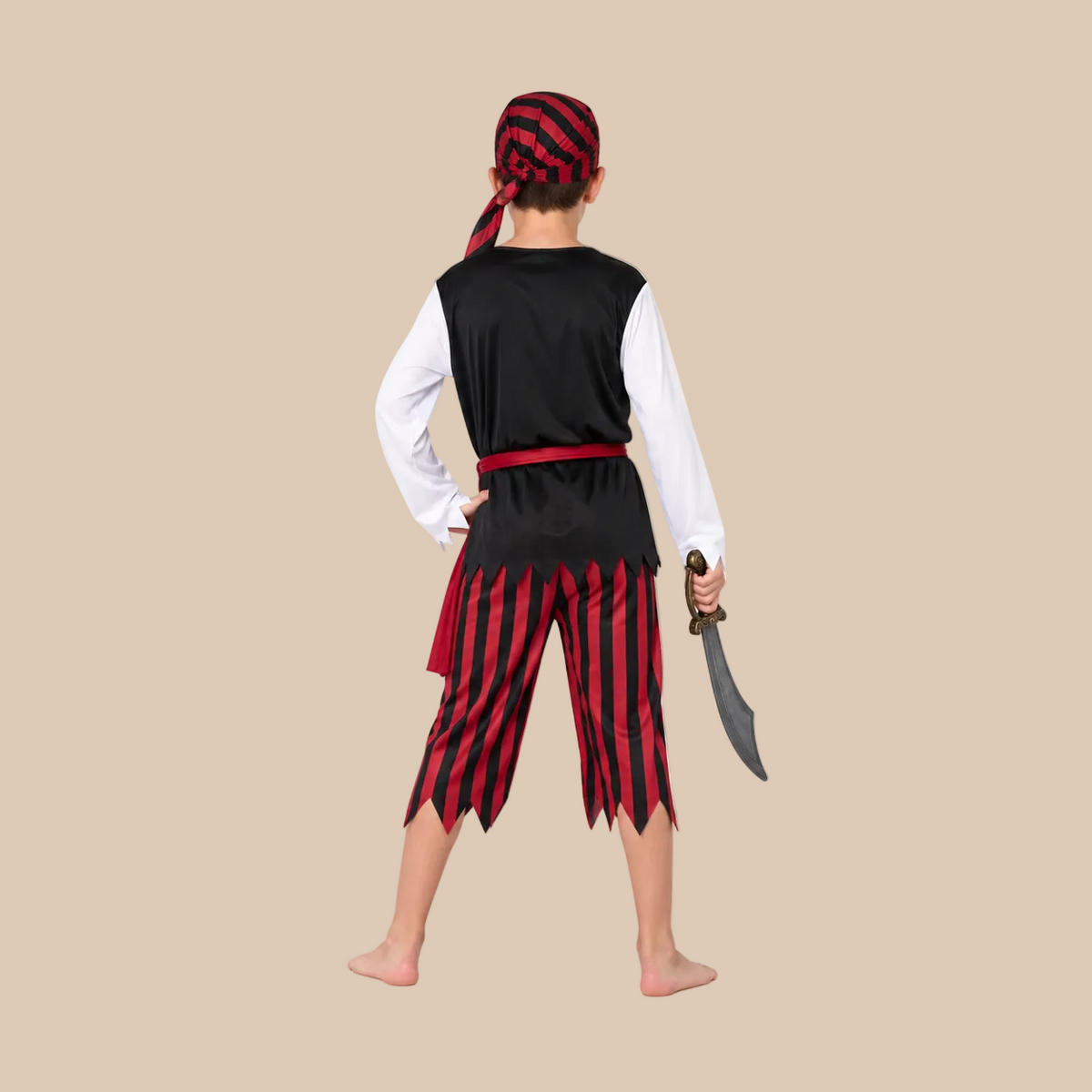 Child’s pirate outfit with skull top and red striped trousers, back view
