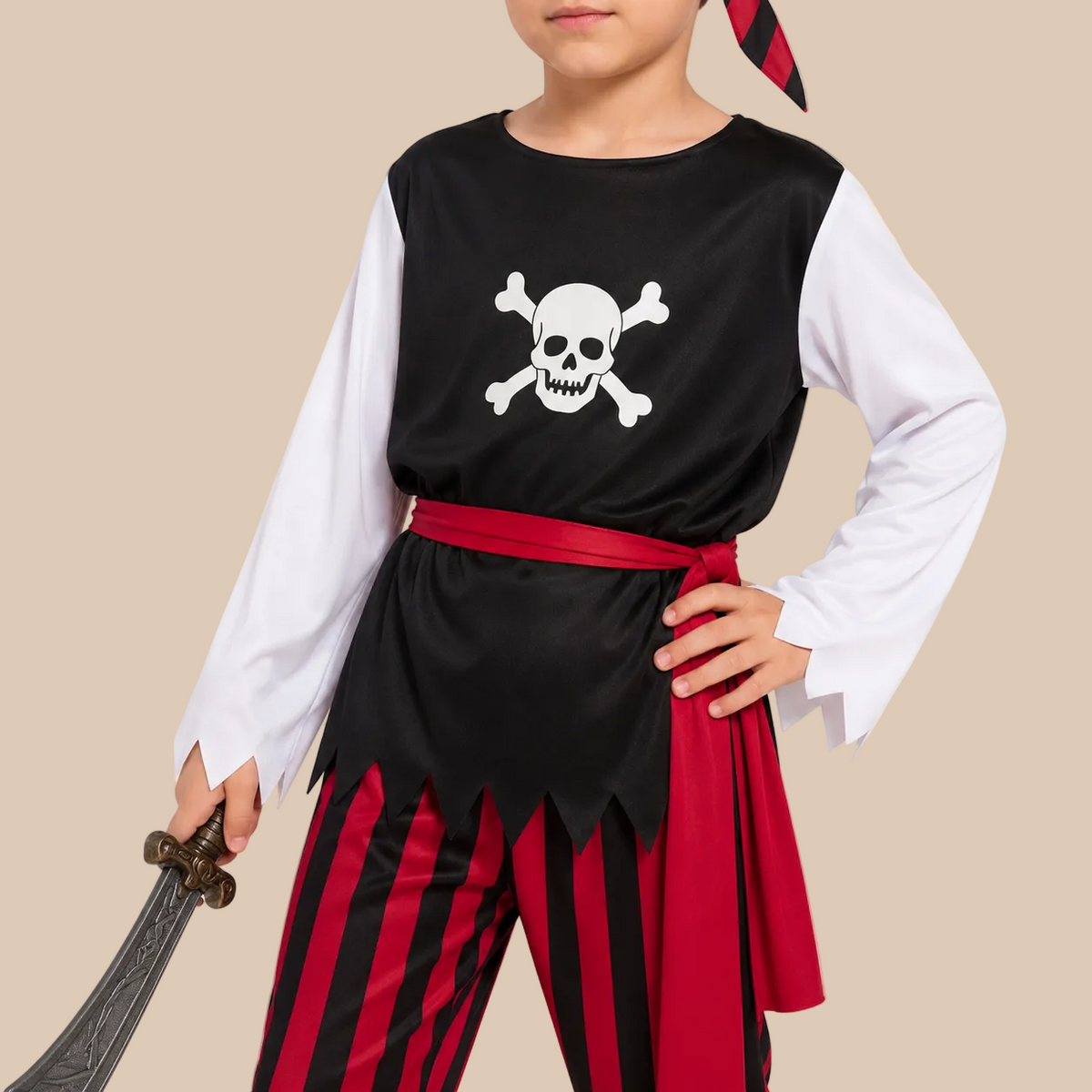 Child’s pirate outfit with skull top and red striped trousers, bodice details