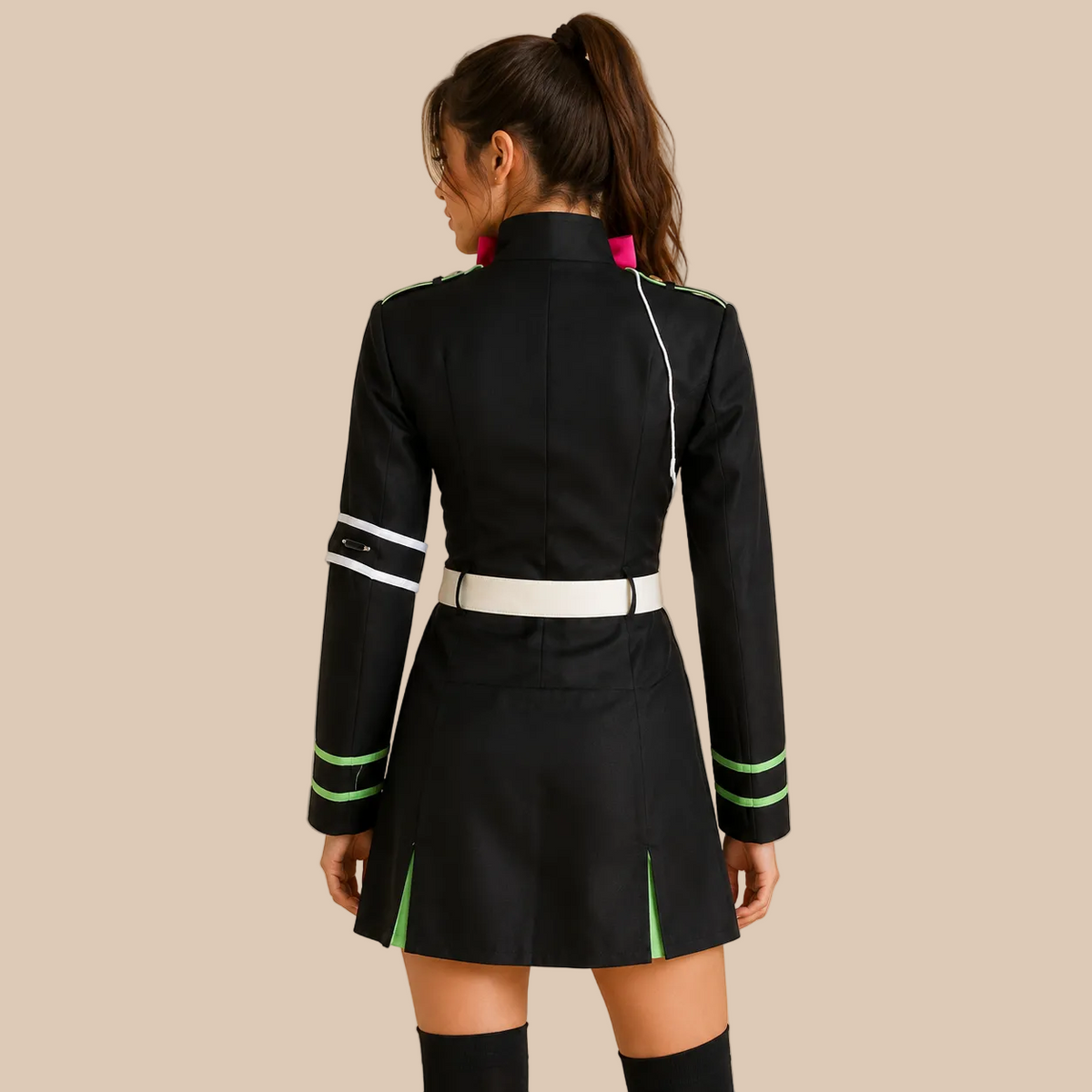 Women’s black uniform-style costume with contrasting neck bow, back view