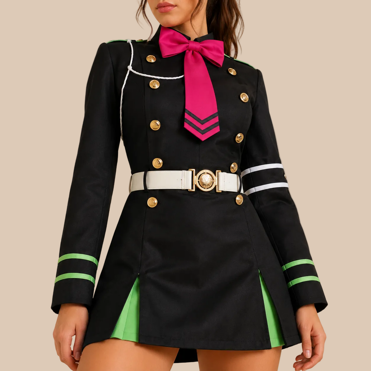 Women’s black uniform-style costume with contrasting neck bow, bodice details
