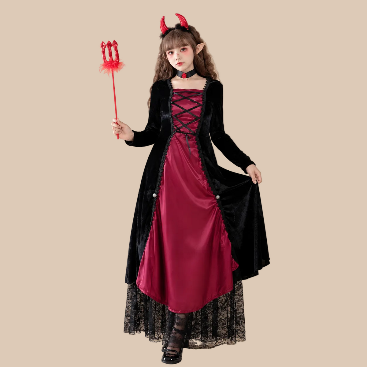 Long red and black devil-style dress with lace hem, front view