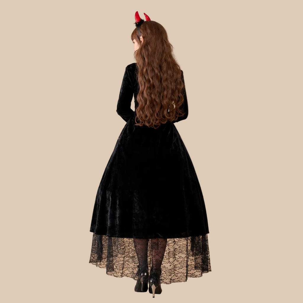 Long red and black devil-style dress with lace hem, back view