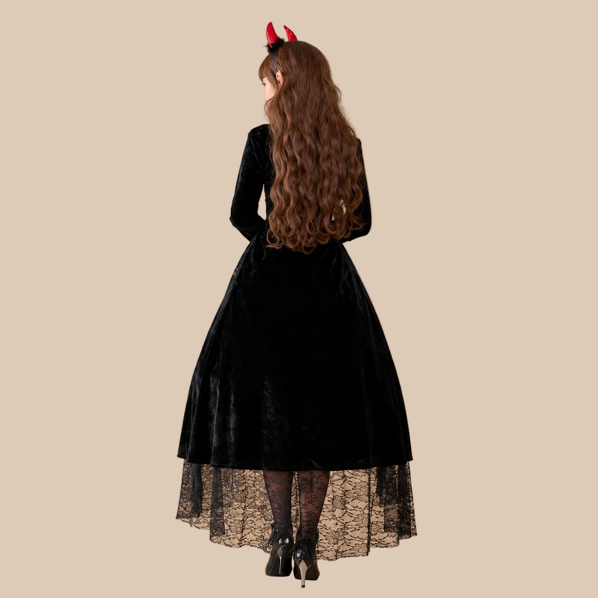 Long red and black devil-style dress with lace hem, back view