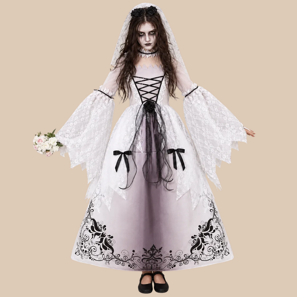 Girl’s white ghost bride dress with lace and front lacing, front view