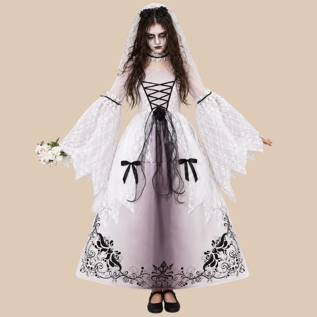 Girl’s white ghost bride dress with lace and front lacing, front view
