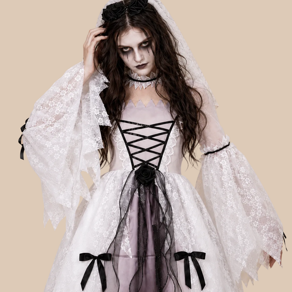 Girl’s white ghost bride dress with lace and front lacing, bodice details