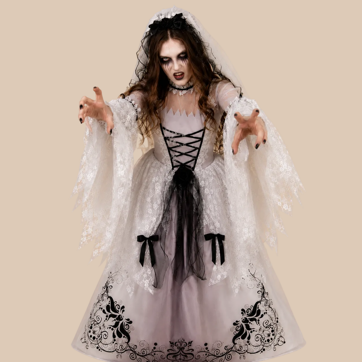 Girl’s white ghost bride dress with lace and front lacing, alternate front view