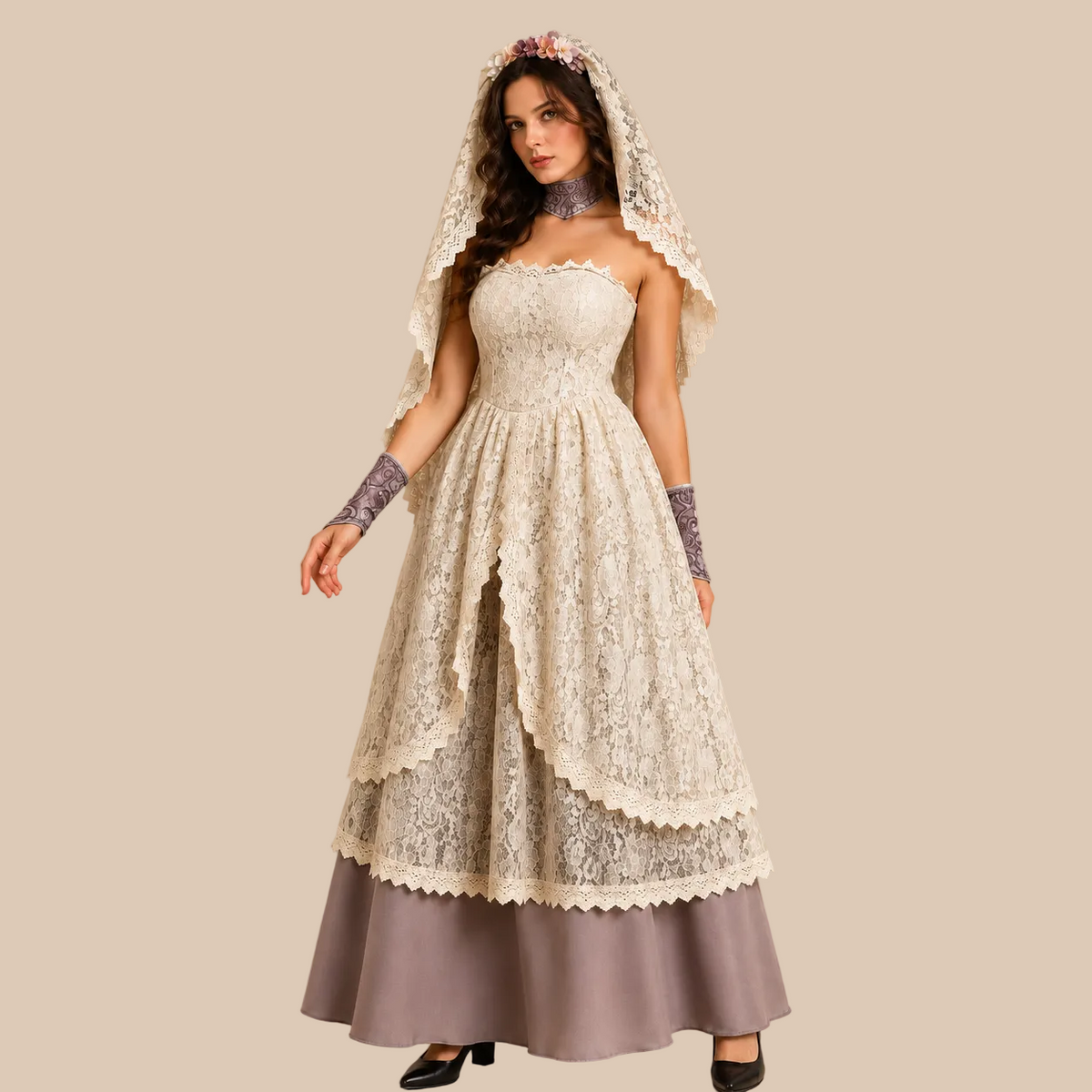Beige layered bridal-style dress with lace overlay, front view
