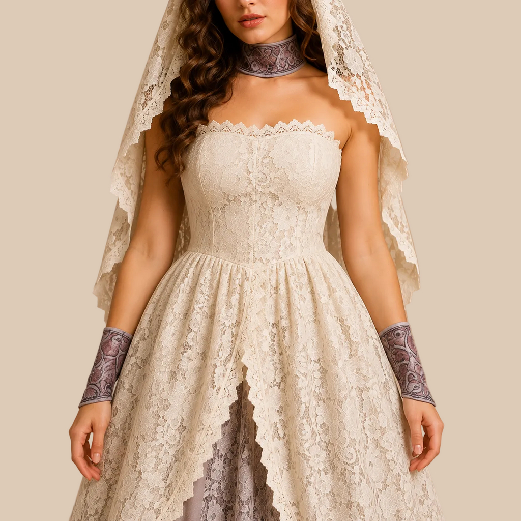 Beige layered bridal-style dress with lace overlay, bodice details