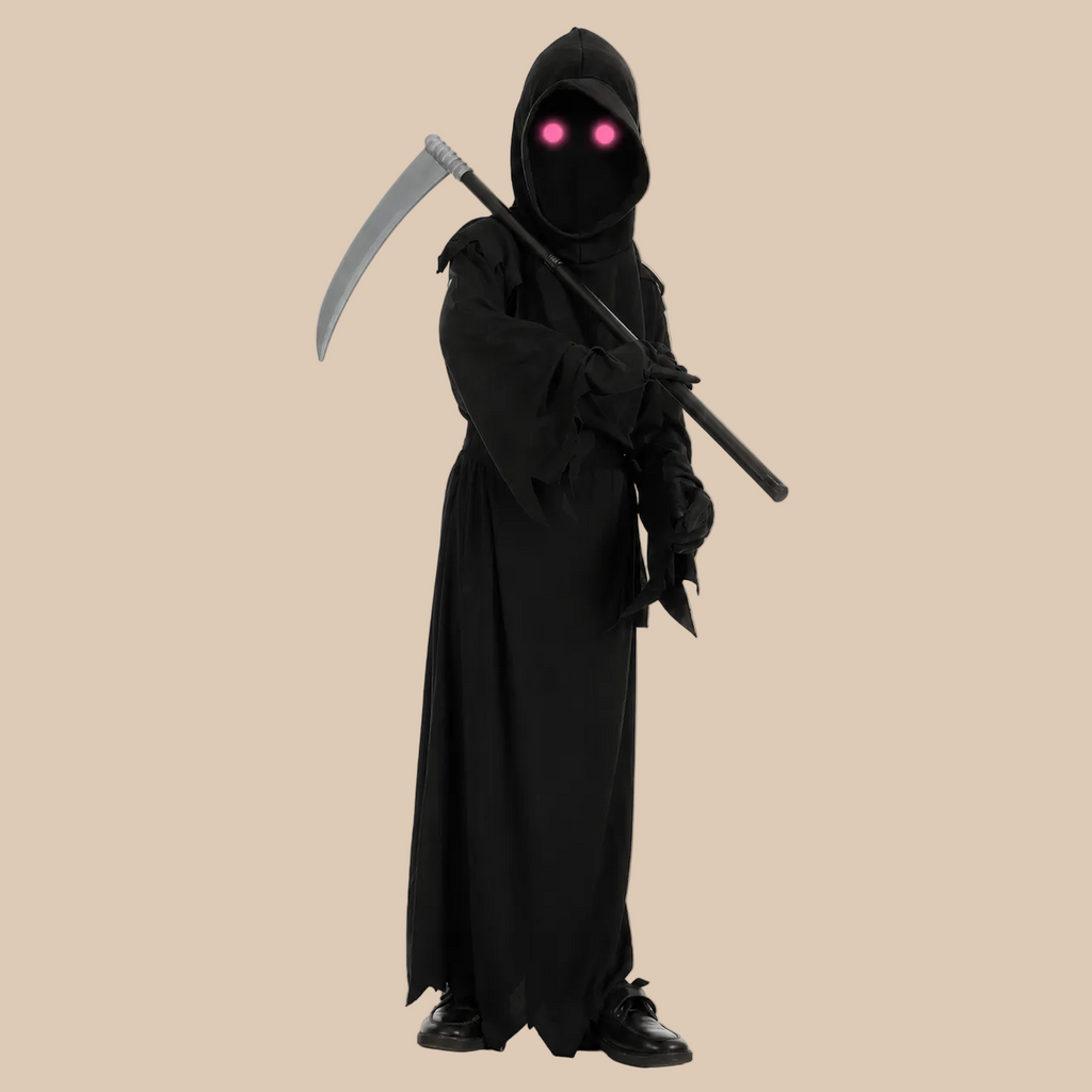 Child’s long black hooded grim reaper robe, front view