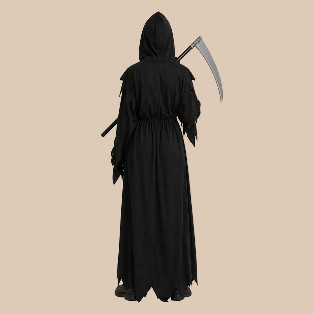 Child’s long black hooded grim reaper robe, back view