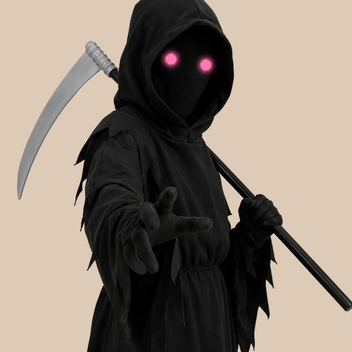 Child’s long black hooded grim reaper robe, close-up view