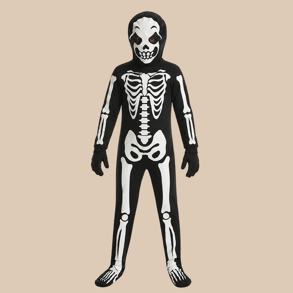 Child’s black bodysuit with a white skeleton print, front view
