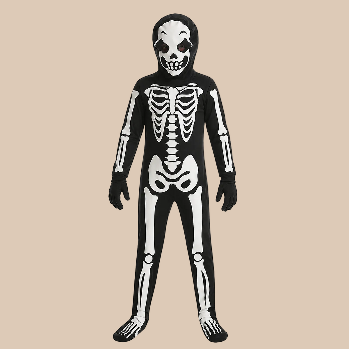 Child’s black bodysuit with a white skeleton print, front view