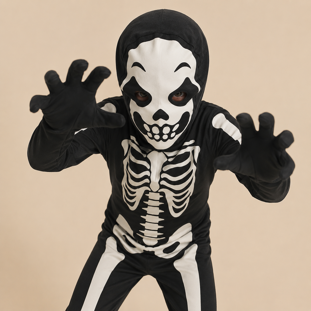 Child’s black bodysuit with a white skeleton print, alternate front view