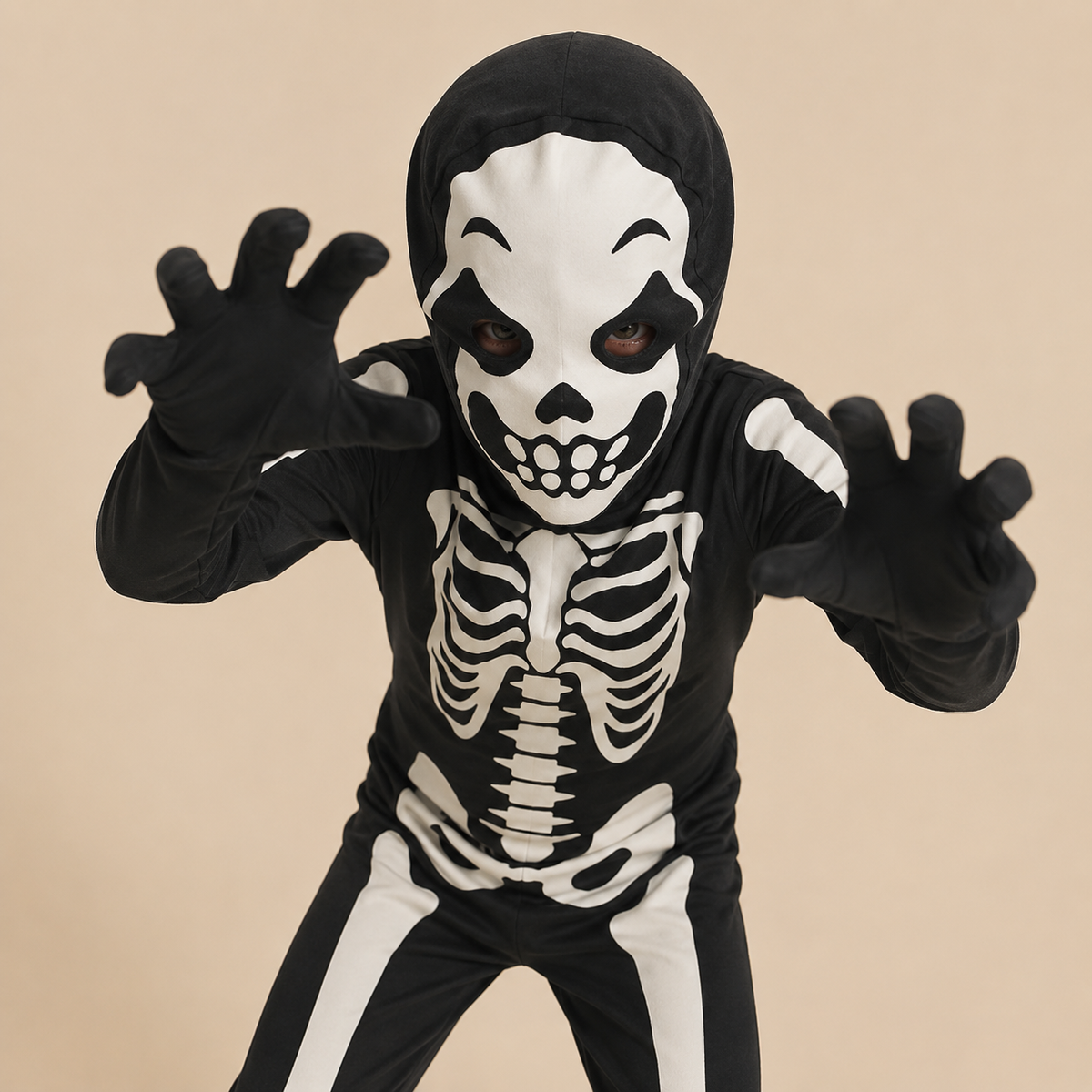 Child’s black bodysuit with a white skeleton print, alternate front view