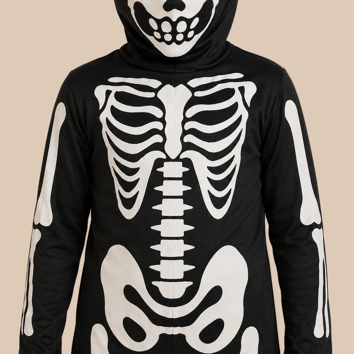 Child’s black bodysuit with a white skeleton print, print details