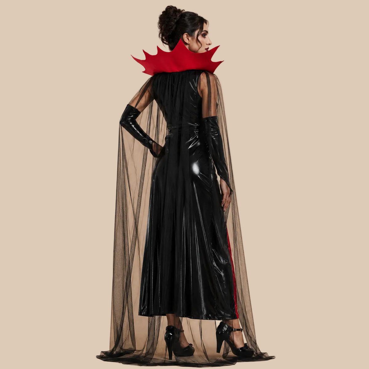 Women’s black and red vampire dress with a raised collar, back view