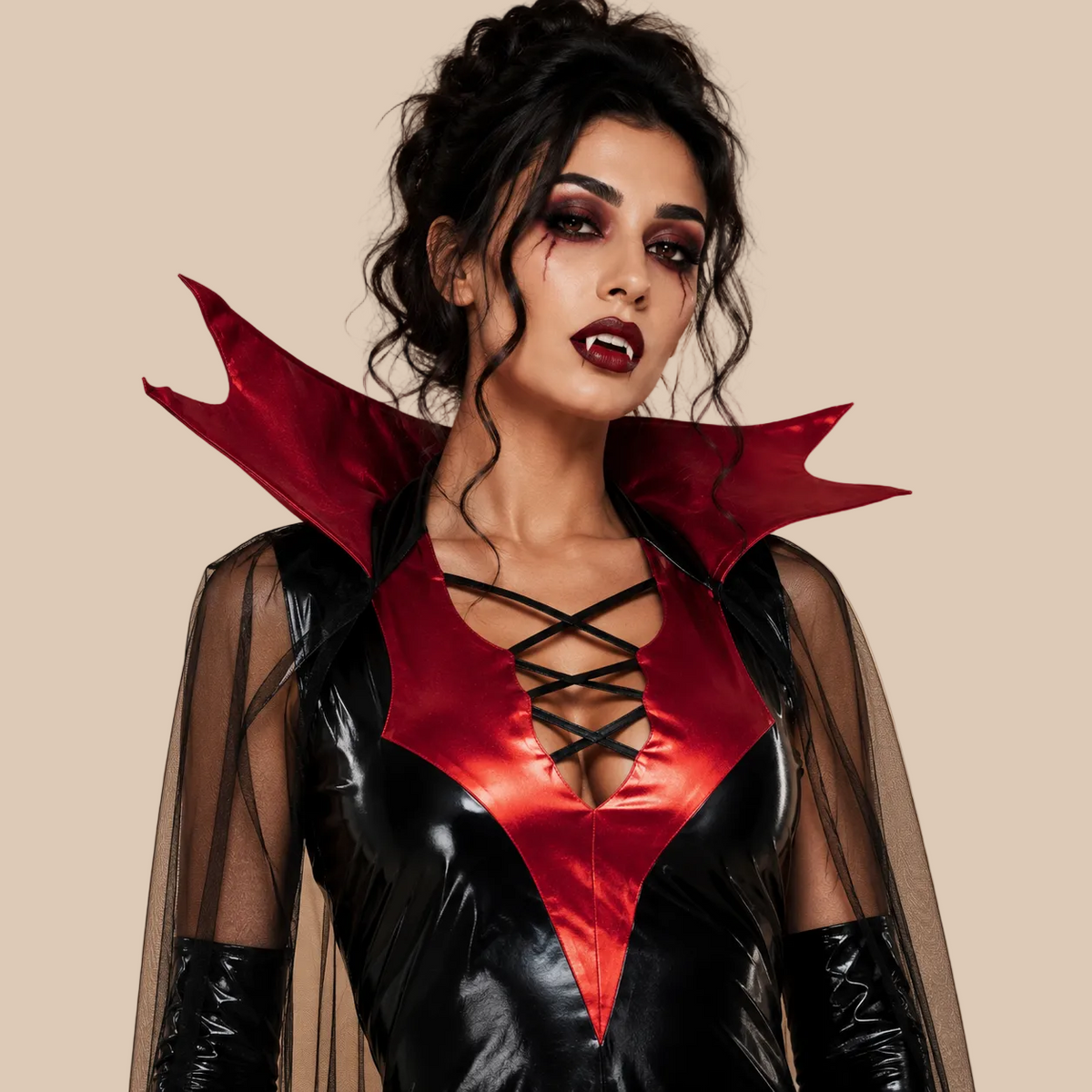 Women’s black and red vampire dress with a raised collar, neckline details