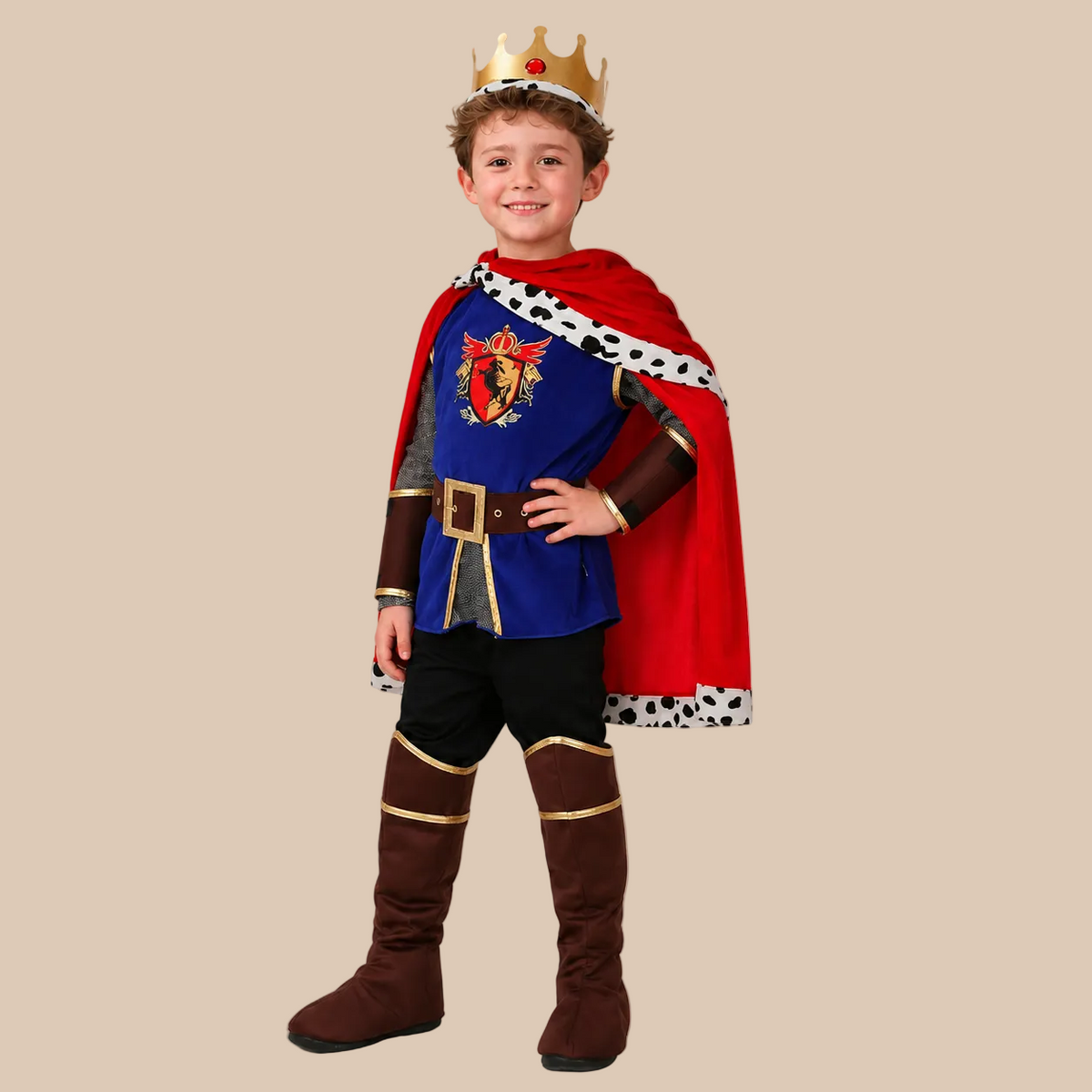 Child’s royal costume with crest-pattern tunic, front view