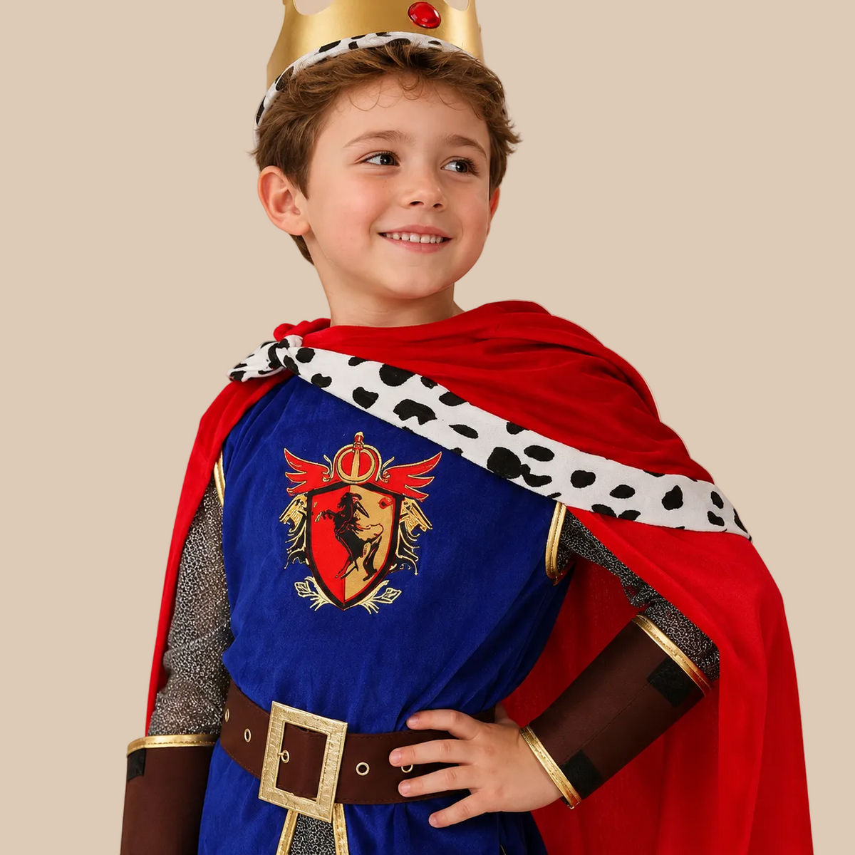 Child’s royal costume with crest-pattern tunic, bodice details