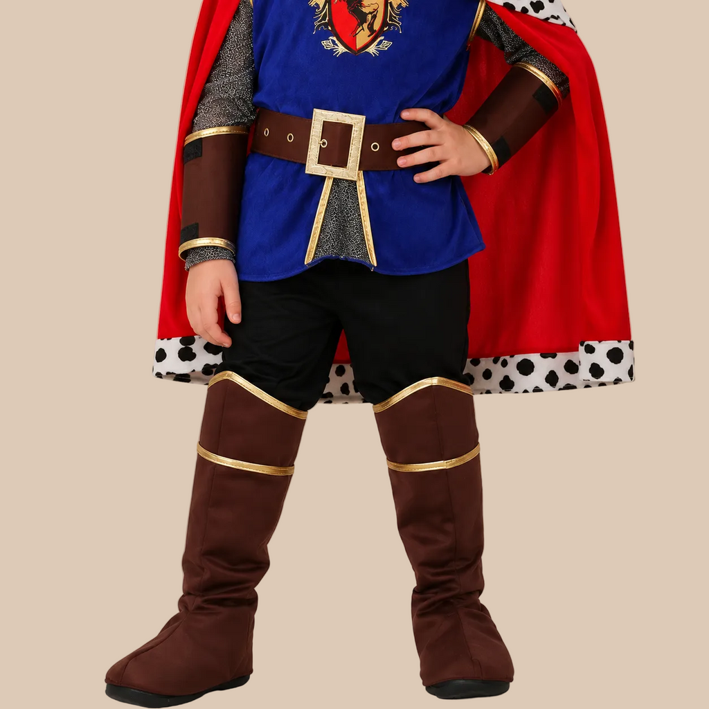 Child’s royal costume with crest-pattern tunic, leg details