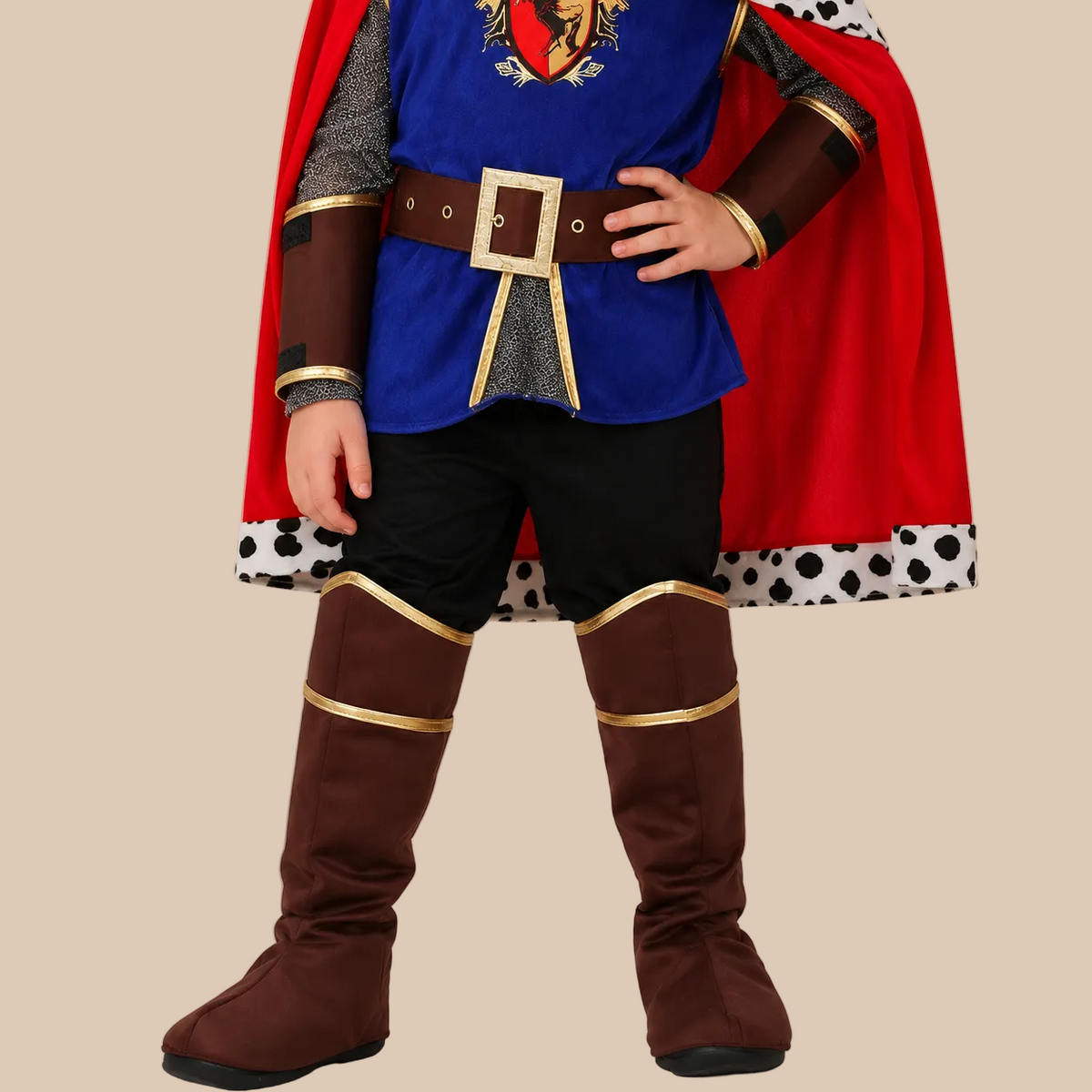 Child’s royal costume with crest-pattern tunic, leg details