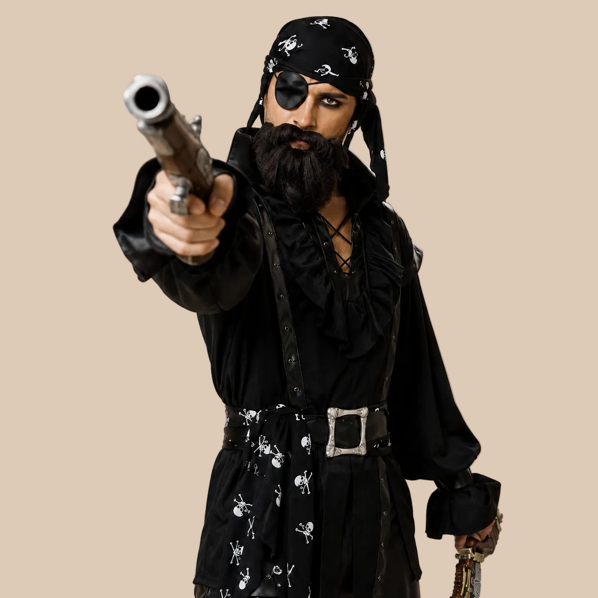 Men’s black pirate costume with a laced neckline, alternate front view