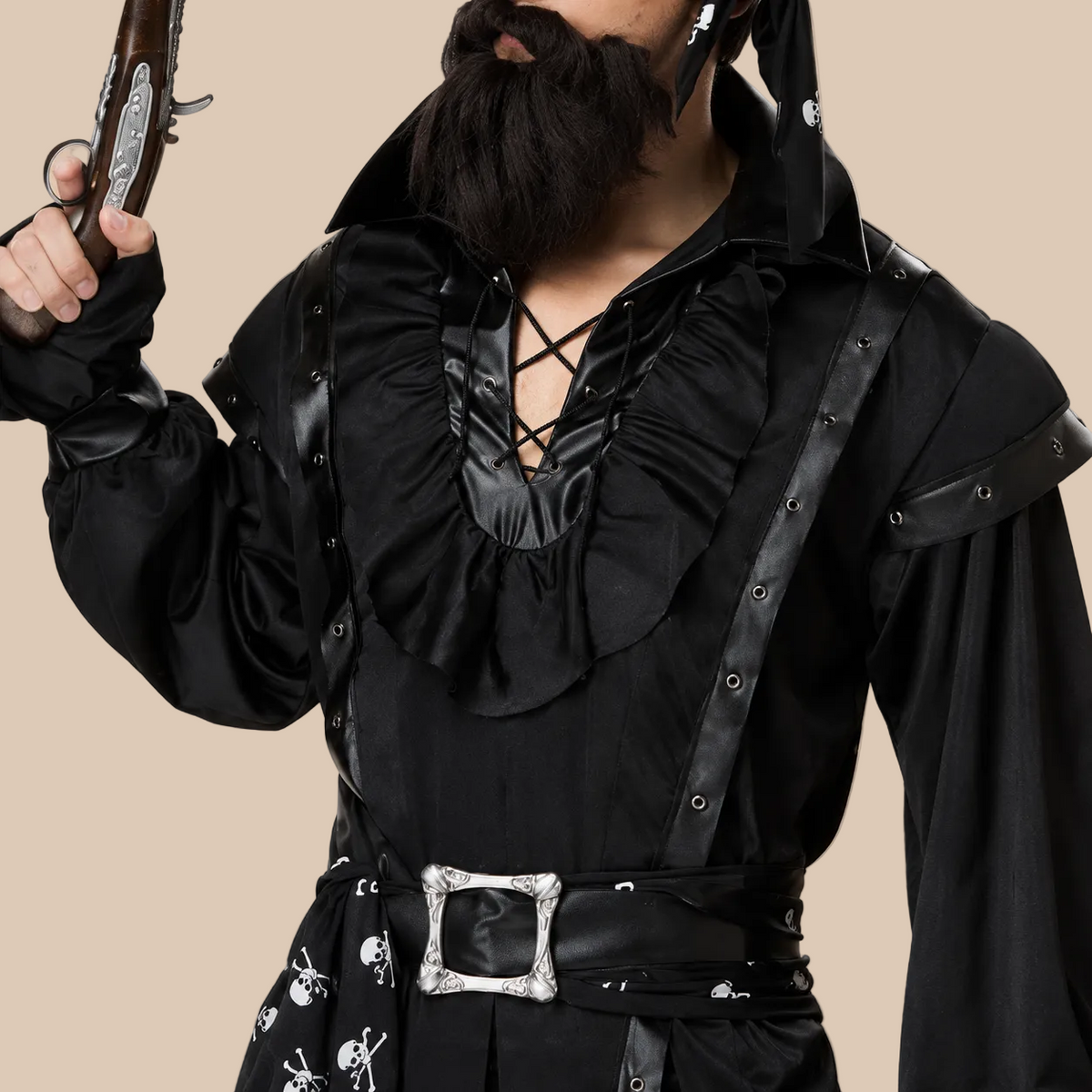 Men’s black pirate costume with a laced neckline, bodice details