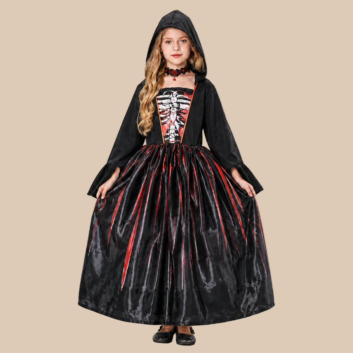 Girl’s hooded dress with ribcage print and front lacing, alternate front view