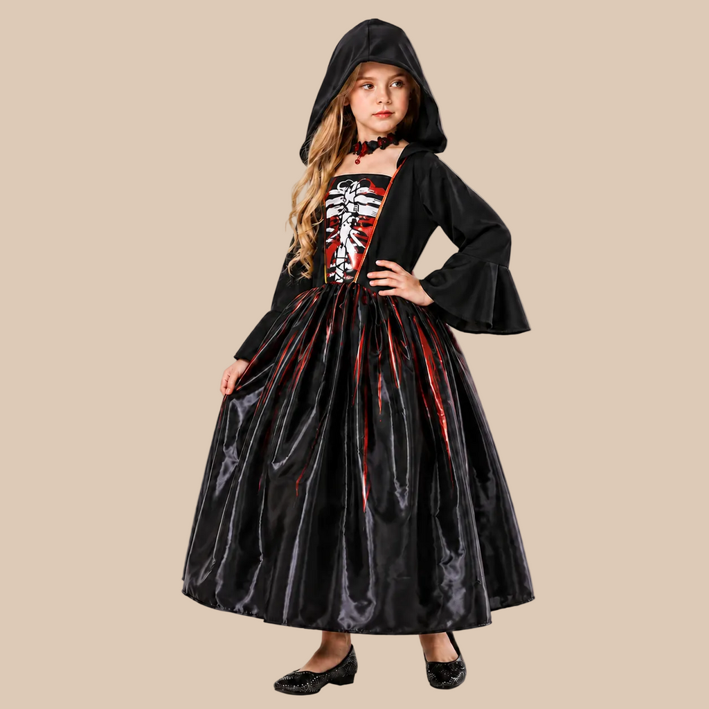 Girl’s hooded dress with ribcage print and front lacing, front view