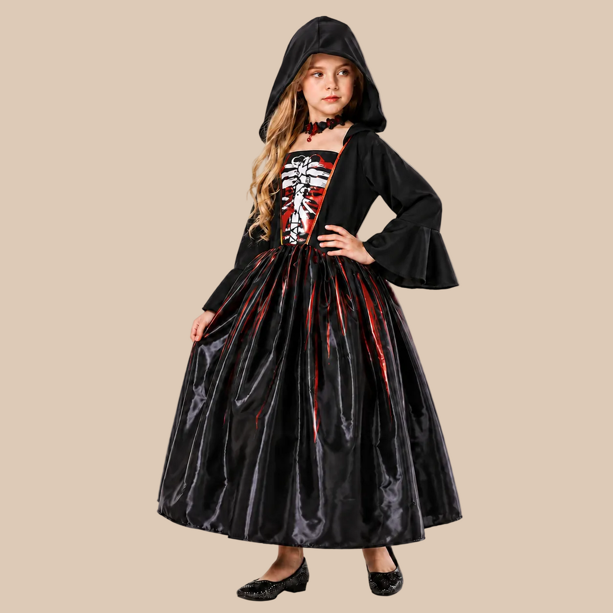 Girl’s hooded dress with ribcage print and front lacing, front view
