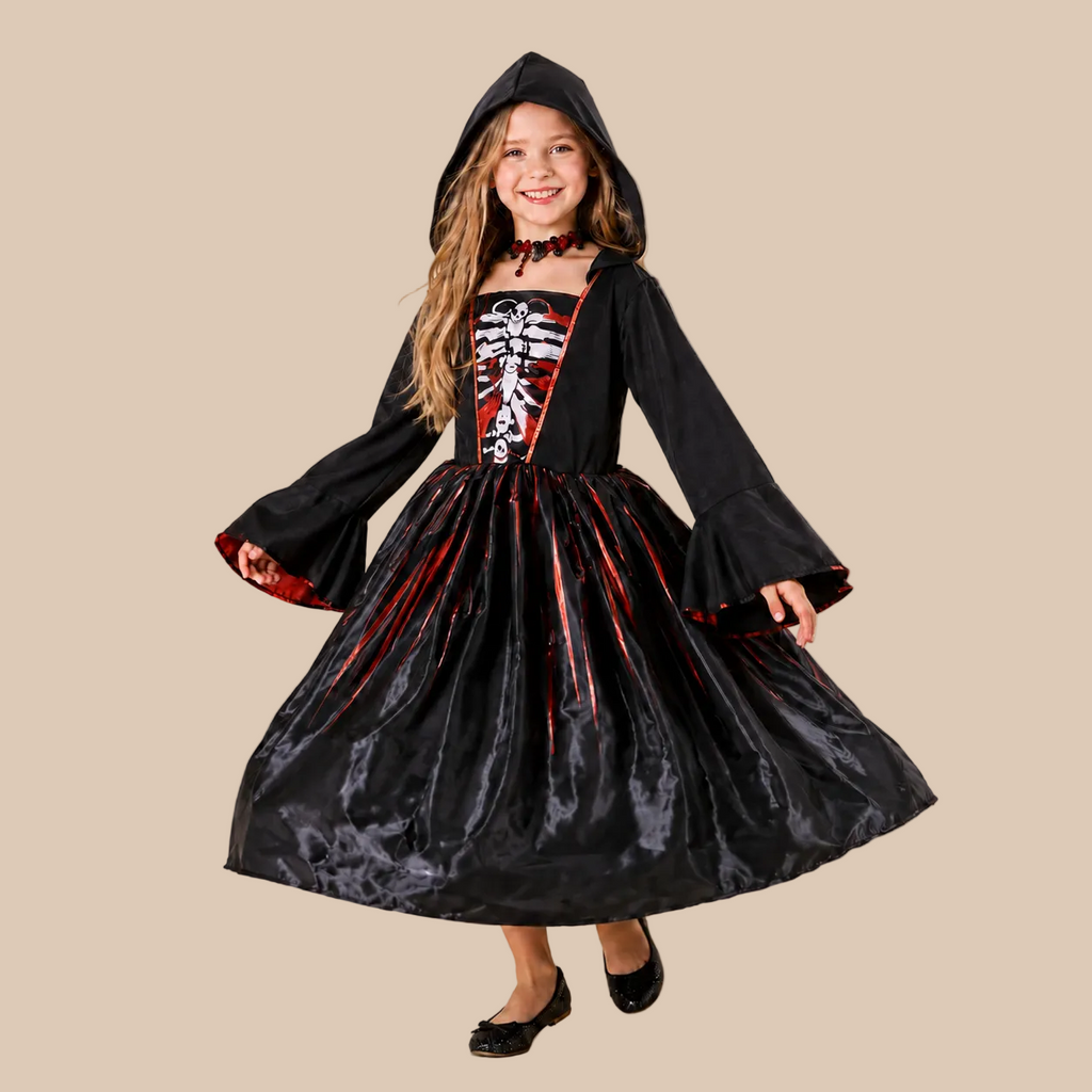 Girl’s hooded dress with ribcage print and front lacing, skirt shown spread out